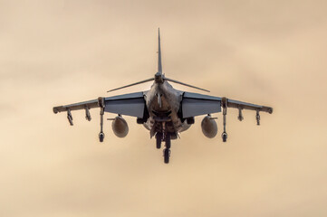 Reactor militar aterrizando con fondo nublado