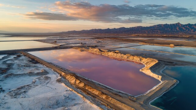 Aerial view of mineral mining evaporation ponds. Industrial landscape with brine pools reflects sunset light. Eco tech for lithium extraction in desert mountains
