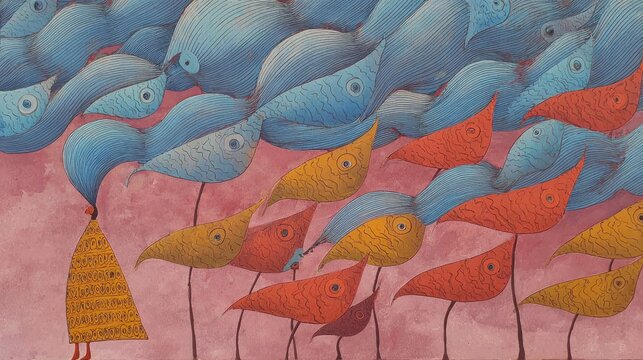 Colorful birds and a figure stand under a blue sky with clouds in a creative landscape scene at sunset