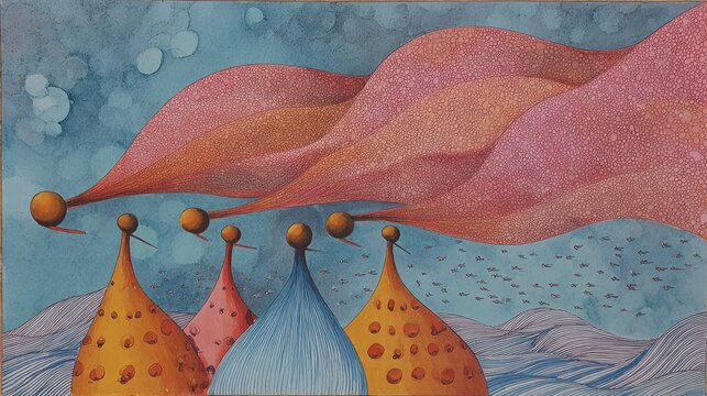 Colorful shapes in orange, pink, and blue are set against a blue background. Curved lines show motion as they flow, creating an artistic scene. The activity of creation is clear.