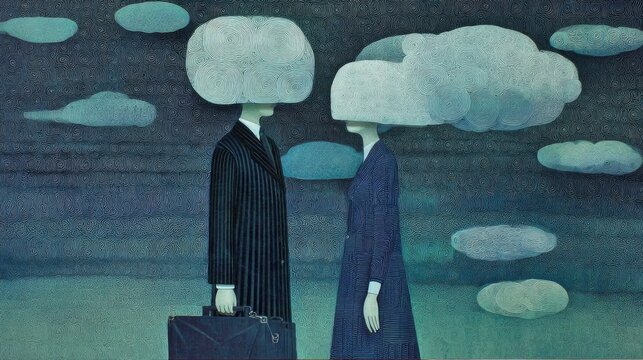 Two figures stand facing each other with cloud-like heads while a muted sky fills the background during an unclear time of day