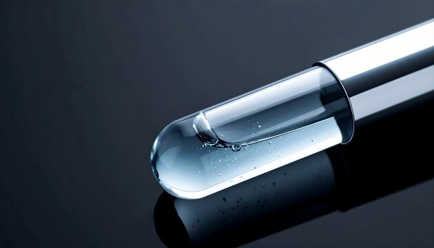 Transparent gel liquid in glass vial with copy space in dark background