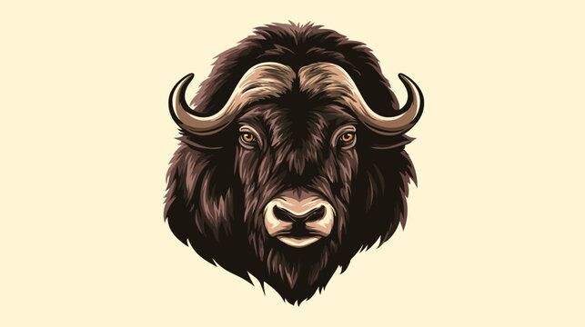 A frontal illustration of a shaggy bison or ox head, with large curved horns and focused gaze