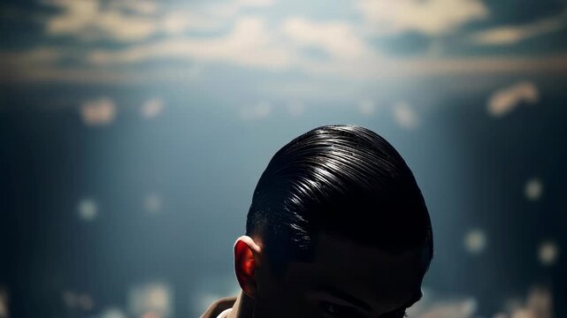 Cinematic close up of a man s smooth combed hair that changes from front to a side profile, hair care concept studio shot