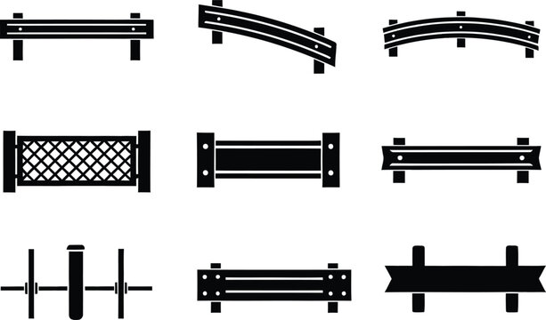 Highway guardrail and safety barrier silhouette icons set for traffic protection design