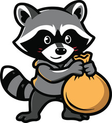 Naklejka premium Raccoon thief holding treasure bag sneakily, cartoon vector mascot, bold thick black outline, minimal vector sticker, white background