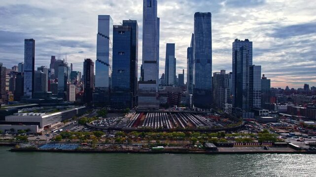drone footage of nyc hudson yards skyline
