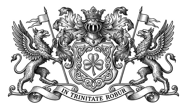 Heraldic coat of arms with griffin and cloverleaf engraving