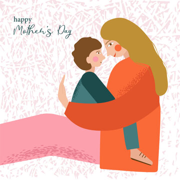 A greeting card with the inscription "Happy Mother's Day." A son sits in his mother's arms and is hugged by her. Illustration of a mother and child