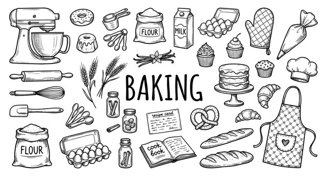 Baking and pastry doodle set in hand drawn sketch style