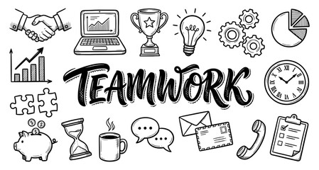 Fototapeta premium Teamwork and business doodle set in hand drawn sketch style