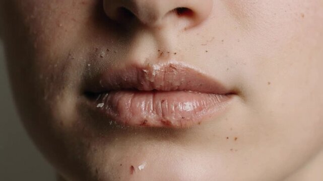 Woman's lips with freckles and water droplets on her skin