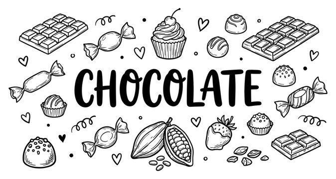 Hand drawn chocolate candy and cacao pod doodle set