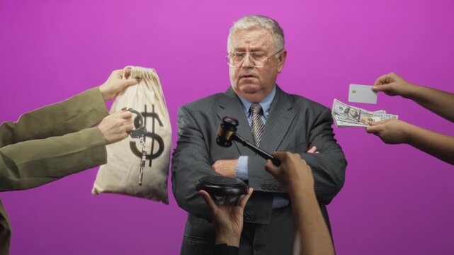 Man in suit with arms crossed, hands offering cash and a money bag with dollar and handcuffs while a gavel is presented in studio; corruption guilt scandal.
