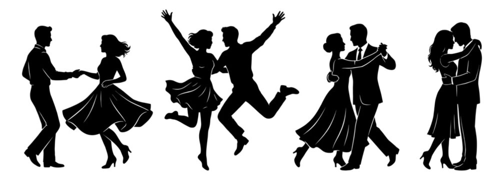 Retro romantic dancing couple silhouette set for wedding and ballroom