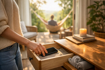 Person placing smartphone in drawer to disconnect from technology representing digital detox lifestyle mindfulness and reducing screen time
