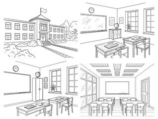 Fototapeta premium School building and classroom interior line art set