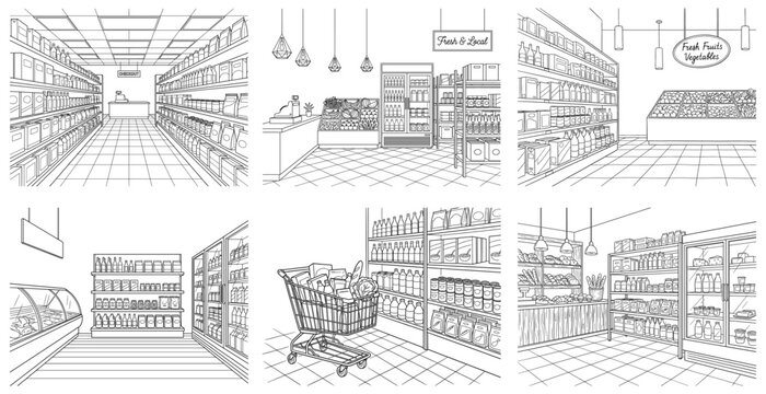 Grocery store and supermarket interior set with aisle and shopping cart line art