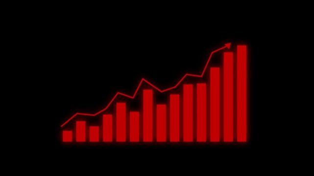 Red bar chart with upward arrow graph against a black background statistics data