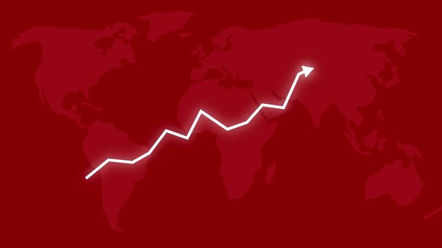White arrow graph showing upward trend over a dark red world map background chart