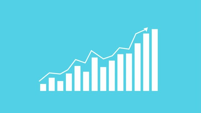 White bar graph with upward trending arrow on a solid light blue background chart bar chart