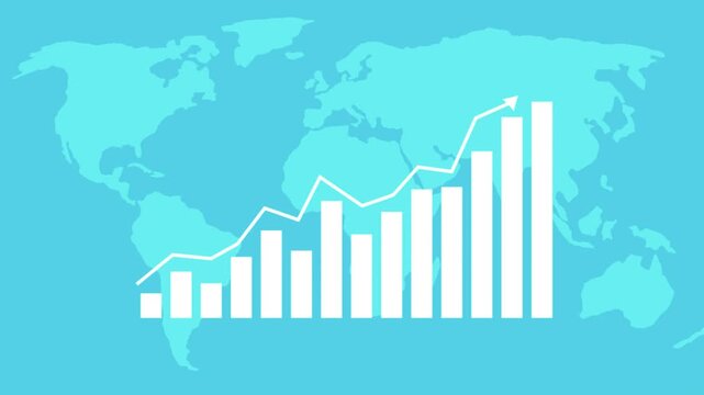 White bar graph with upward trending arrow superimposed on a light blue world map chart bar chart