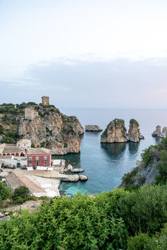 Scopello sea stacks and coastal village bay in Sicily, Italy