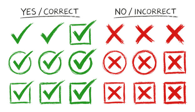 Check mark and cross doodle set with green yes red no sign