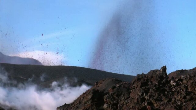 Powerful volcanic eruption in Iceland ejecting hot lava, ash, and steam into the blue sky