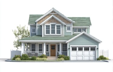 Charming two-story house with porch, gabled roof, and attached garage, isolated on white