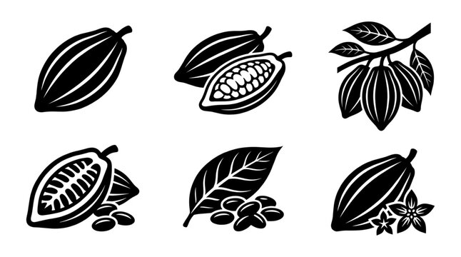 Cocoa pod and bean set in black silhouette style