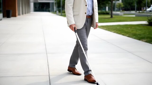 Man walking with white cane on urban sidewalk in modern environment, showcasing mobility and independence. Individual confidently navigates outdoor space with cane in hand,