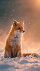 Fototapeta premium A single fox sitting quietly in a snowy winter landscape at sunrise