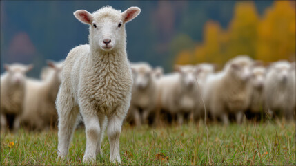 Fototapeta premium White fluffy baby lamb standing in a farm field in spring