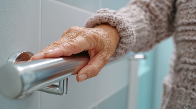 Elderly Woman Gripping Bathroom Grab Bar for Support and Fall Prevention, Close-Up of Senior Woman's Aging Hand Holding Safety Handrail for Balance and Independence, Older Adult Using Safety Rail