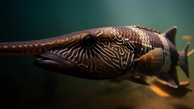 Prehistoric Paddlefish Portrait: A detailed look at the ancient paddlefish, revealing its unique elongated rostrum and prehistoric charm swimming gracefully in its watery domain.