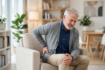 Fototapeta premium Senior man sitting in an armchair grimacing while touching his painful lower back and aching knee