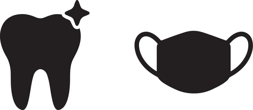 Shiny tooth and face mask icons, symbolizing dental health and protection.