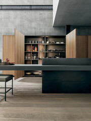 Modern luxury kitchen interior in minimal scandinavian style, 3d render © Yulia
