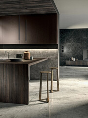 Modern luxury kitchen interior in minimal scandinavian style, 3d render © Yulia