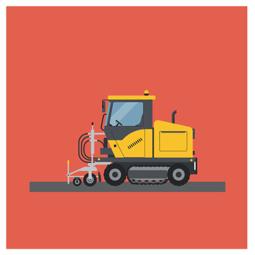 Flat vector illustration of a yellow road marking machine on a grey road, used for painting lines, against a red background.