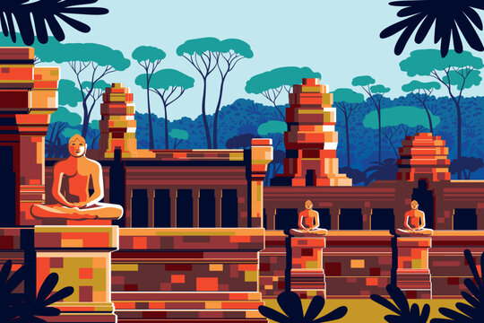 The ruins of an ancient Hindu temple with statues of local deities, mandirs, and galleries, lost in the jungle. Handmade drawing vector illustration. 
