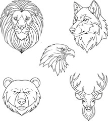 Obraz premium Detailed black and white line art depictions of a lion wolf eagle bear and deer head