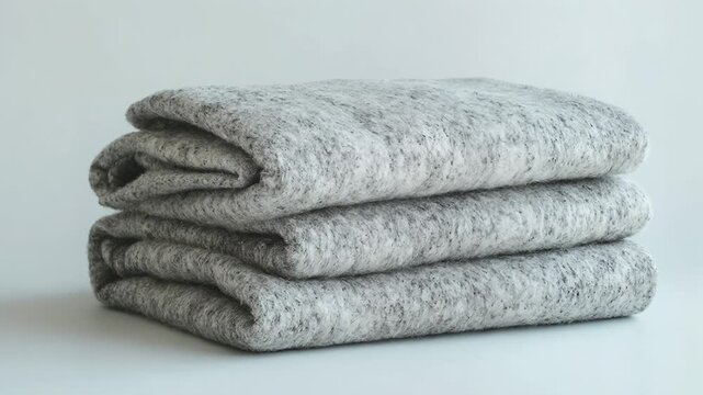 Three neatly folded grey heathered wool blankets stacked on a clean white surface, showcasing soft texture and neutral tones in a minimalist product composition.