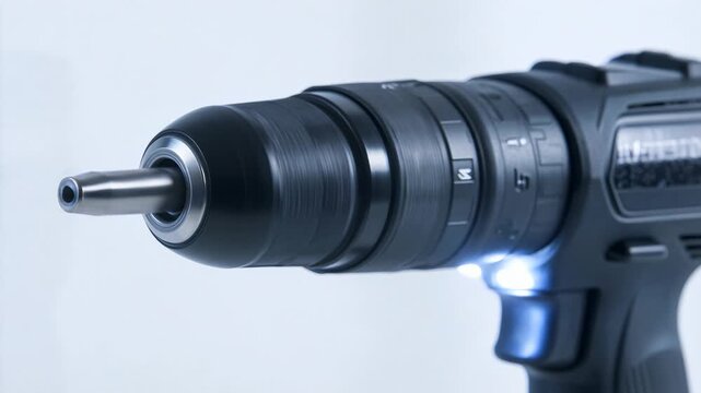 A close-up macro shot of a black cordless power drill chuck with a drill bit against a light grey background, showcasing the textured grip and mechanical details of a professional-grade tool.