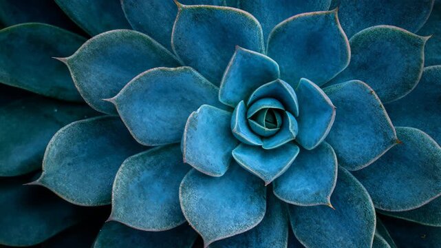 A macro overhead view of a teal-blue echeveria succulent reveals its symmetrical rosette pattern with layered fleshy leaves in rich blue-green tones with subtle terracotta-tinged tips.