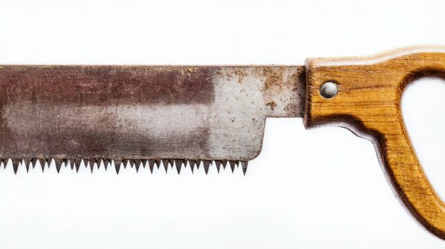 A weathered vintage hand saw with a rust-stained steel blade and worn wooden handle is isolated against a clean white background, revealing age and patina across the serrated cutting edge.