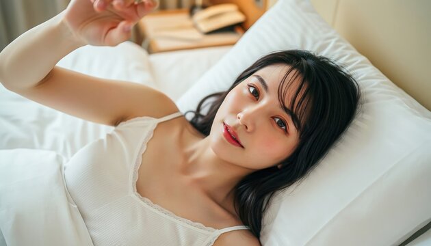 ベッドに寝転び顔に手をかざす白いキャミソール姿の日本人女性