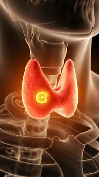 Human thyroid gland, medical anatomical model, severe thyroid disease, glowing abnormal nodule, diagnostic visualization, conceptual health condition representation, internal medicine study