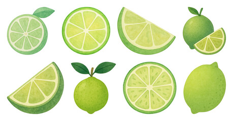 PNG Vibrant watercolor lime illustrations, transparent background